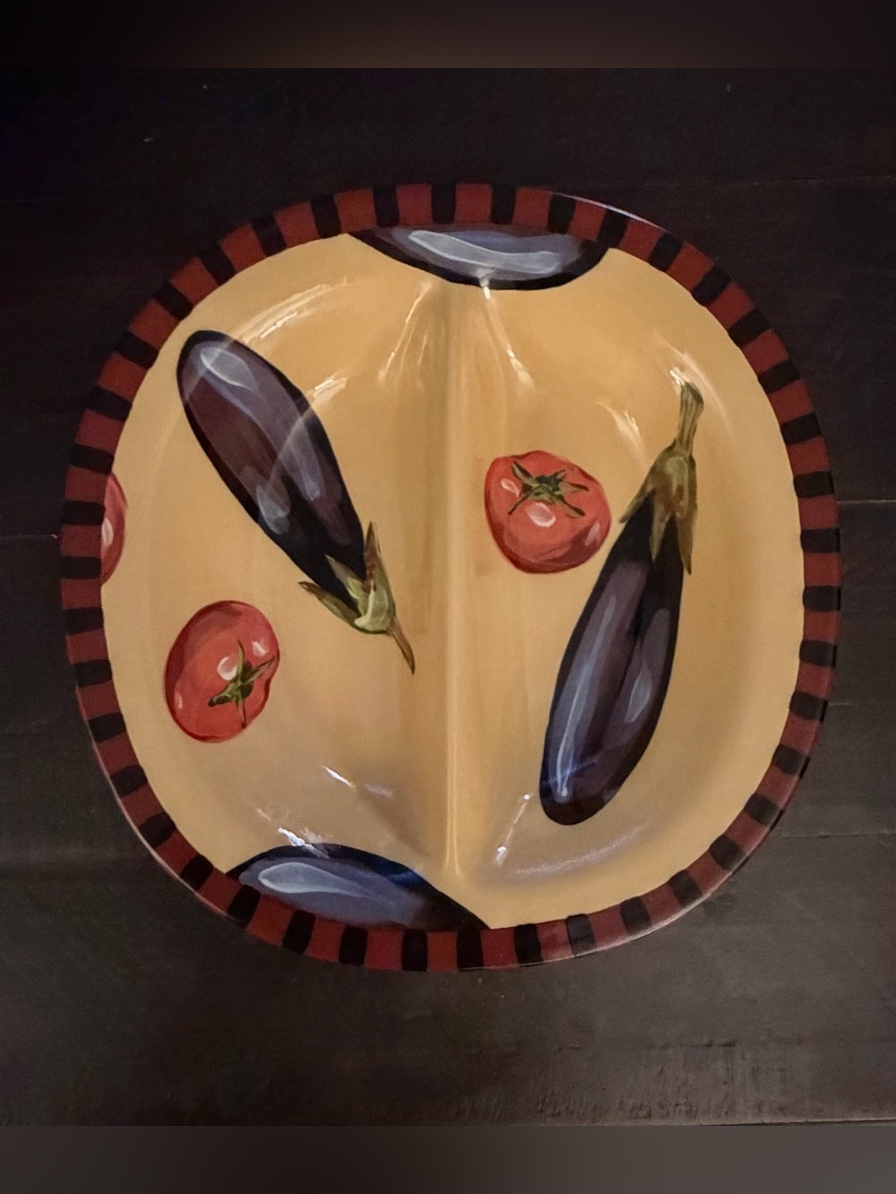 Hand-Painted Eggplant & Tomato Ceramic Serving Platter - Yellow